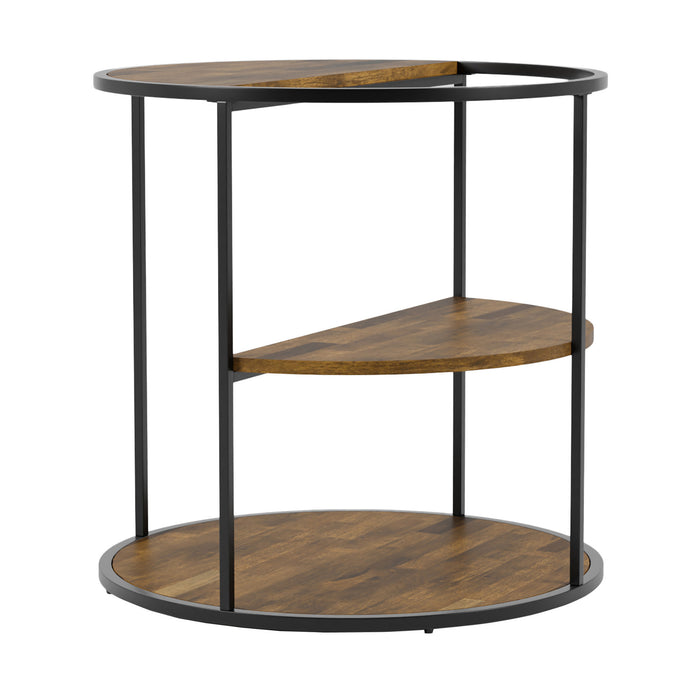 Front-facing urban black and wood grain round end table on a white background
