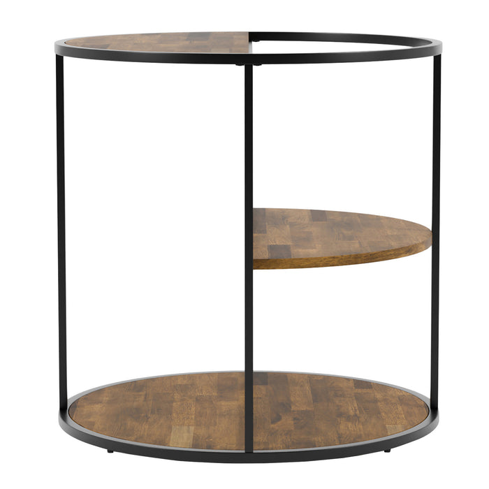 Front-facing urban black and wood grain round end table on a white background