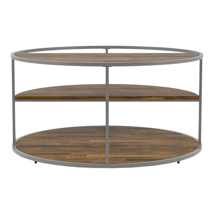 Side-facing view of contemporary round gray steel and wood three-level coffee table on a white background