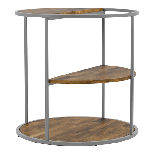 Angled view of contemporary round gray steel and wood three-level end table on a white background