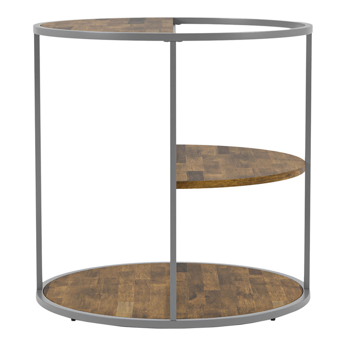 Front-facing view of contemporary round gray steel and wood three-level end table on a white background