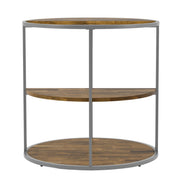 Side-facing view of contemporary round gray steel and wood three-level end table on a white background