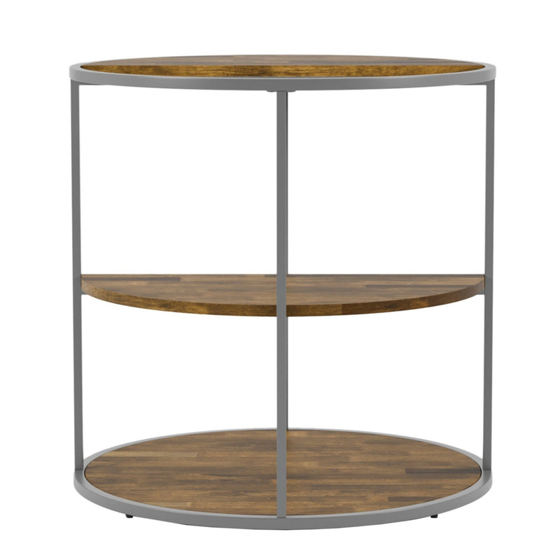 Side-facing view of contemporary round gray steel and wood three-level end table on a white background