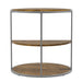 Side-facing view of contemporary round gray steel and wood three-level end table on a white background