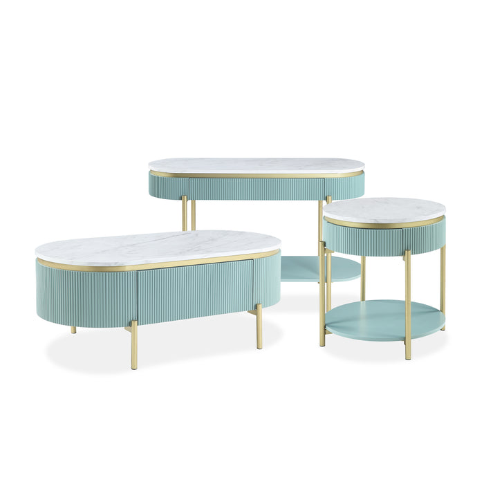 Front-facing glam light teal fluted coffee table, end table and sofa table with rounded faux white marble tops and gold accents on white background.