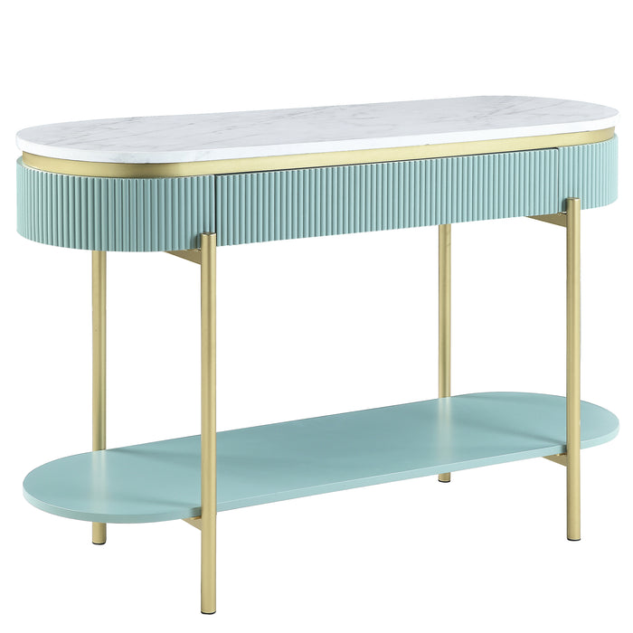 Right-facing glam light teal fluted console table with long oval faux white marble top and gold accents on white background. Single flush drawer and trestle legs with lower shelf.