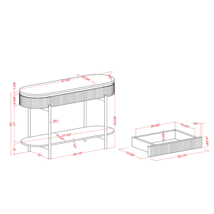 Line drawing of glam oval sofa table with slim legs on white background with dimensions