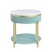Front-facing view of Mid-Century Modern green, white, and gold two-layer end table on a white background