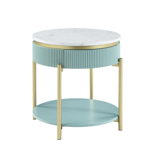 Front-facing view of Mid-Century Modern green, white, and gold two-layer end table on a white background