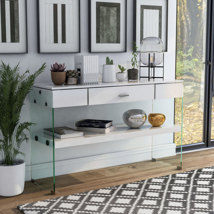 Lorenz White and Glass Panel Single-Drawer Open Shelf Sofa Table
