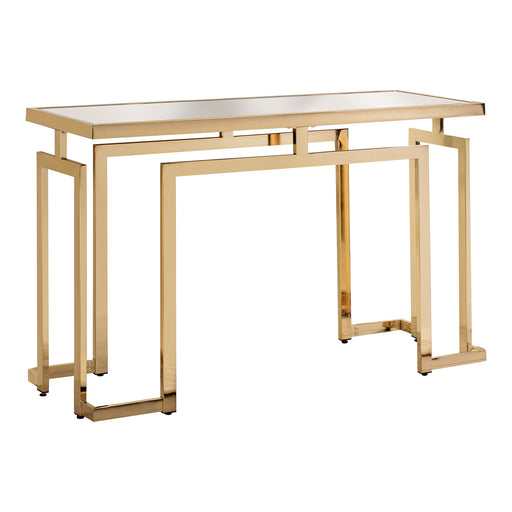 Right angled contemporary gold steel console table on a white background. Tempered glass top and geometric base design lends sleek look.