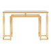 Front-facing contemporary gold steel console table on a white background. Tempered glass top and geometric base design lends sleek look.