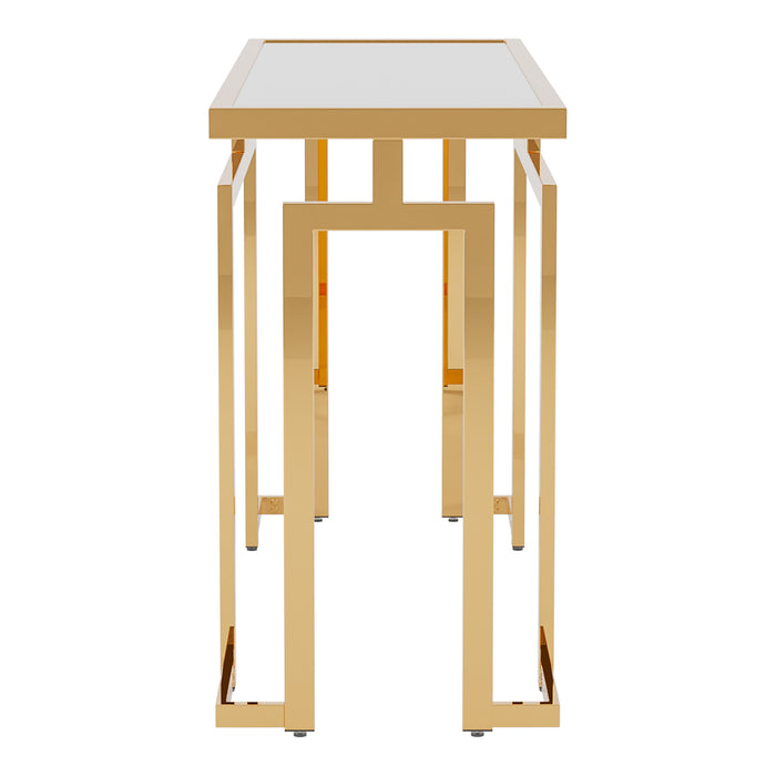 Side-facing contemporary gold steel console table on a white background. Tempered glass top and geometric base design lends sleek look.
