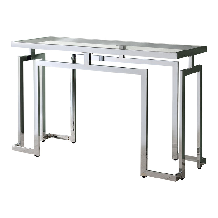 Left angled contemporary chrome steel console table on a white background. Tempered glass top and geometric base design lends sleek look.