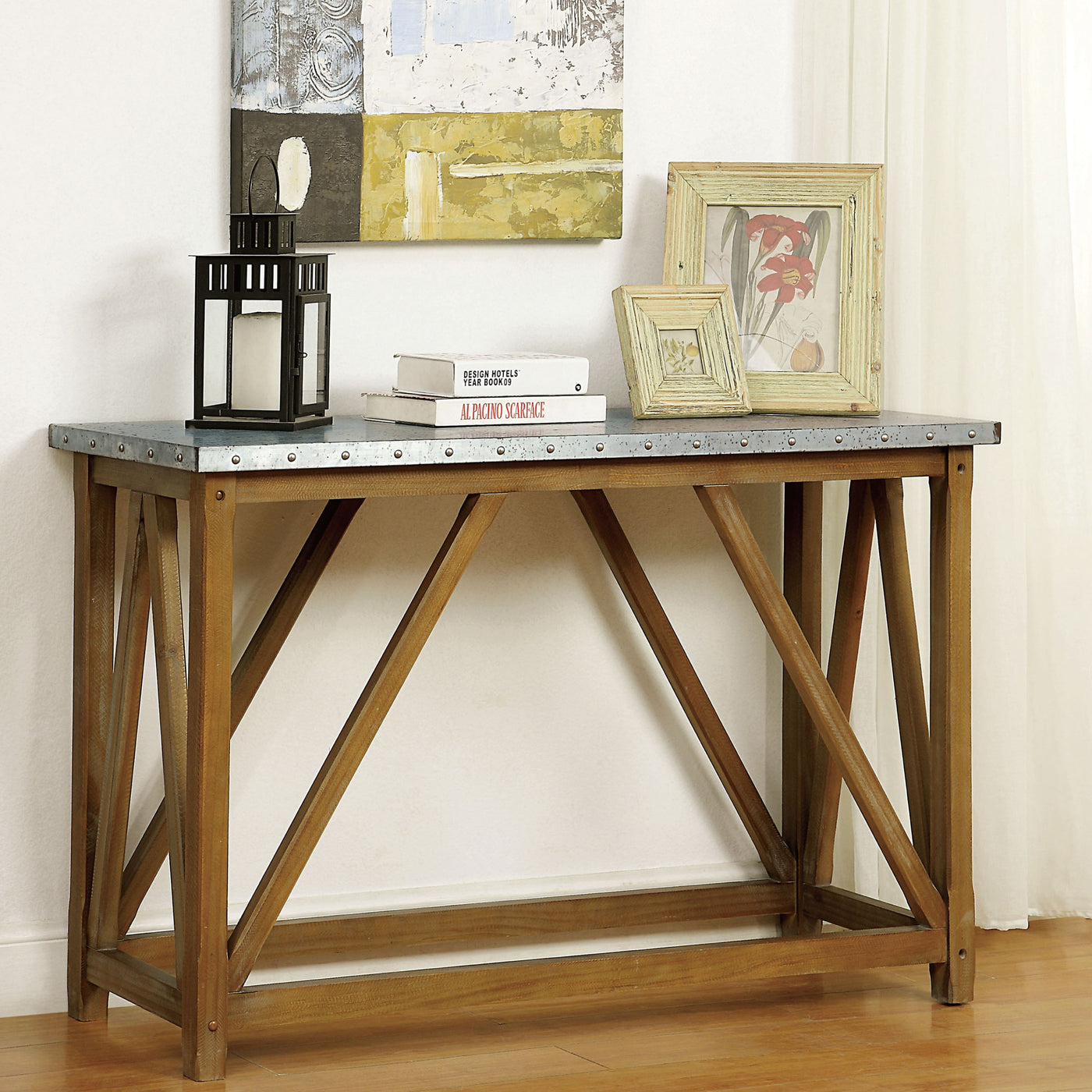 Corlejo Galvanized Iron Top and Natural Tone Sofa Table — 24/7 Shop At Home