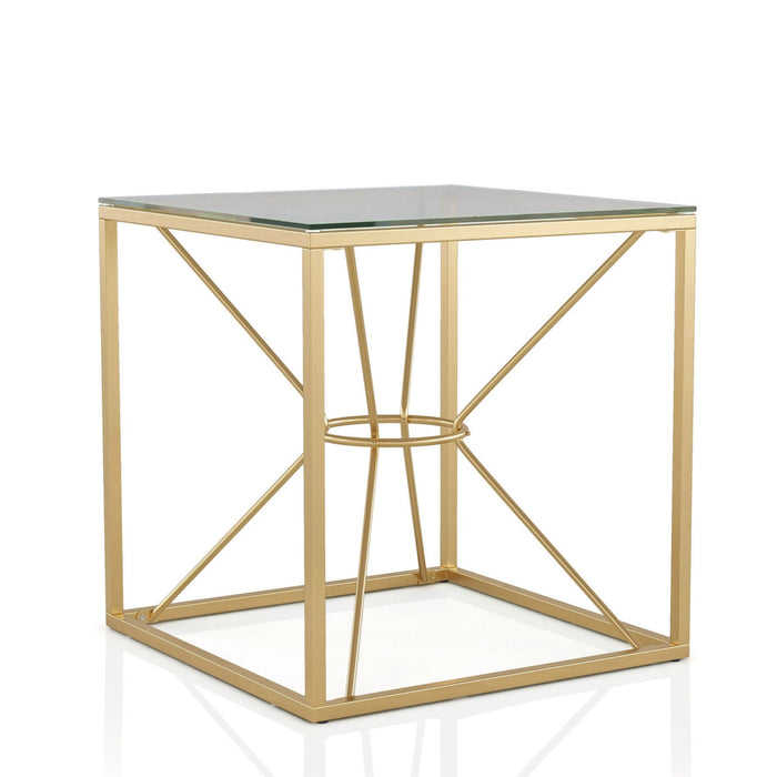 Right angled glam gold and glass square end table on a white background