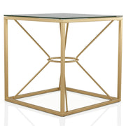 Right angled glam gold and glass square end table on a white background
