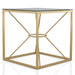 Right angled glam gold and glass square end table on a white background