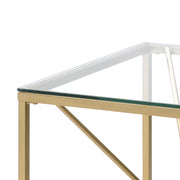 Left angled close up corner detail on a glam gold and glass square end table on a white background