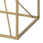 Left angled close up base detail on a glam gold and glass square end table on a white background