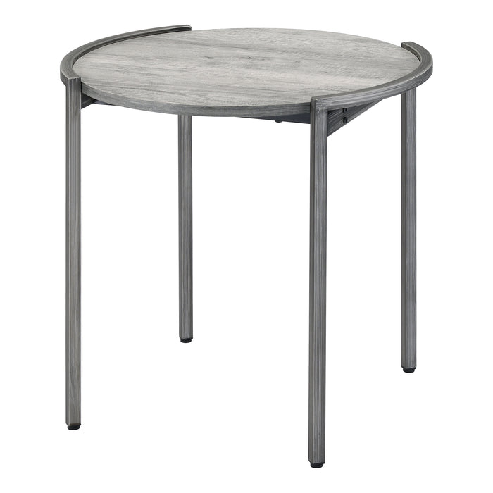 Right angled contemporary light gray and gunmetal round end table on a white background.
