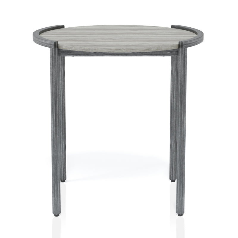 Front-facing view of contemporary light gray and gunmetal round end table on a white background.