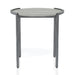 Front-facing view of contemporary light gray and gunmetal round end table on a white background.