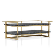 Right angled contemporary gold steel coffee table on a white background. Black faux marble tabletops offer glam look and ample storage space.