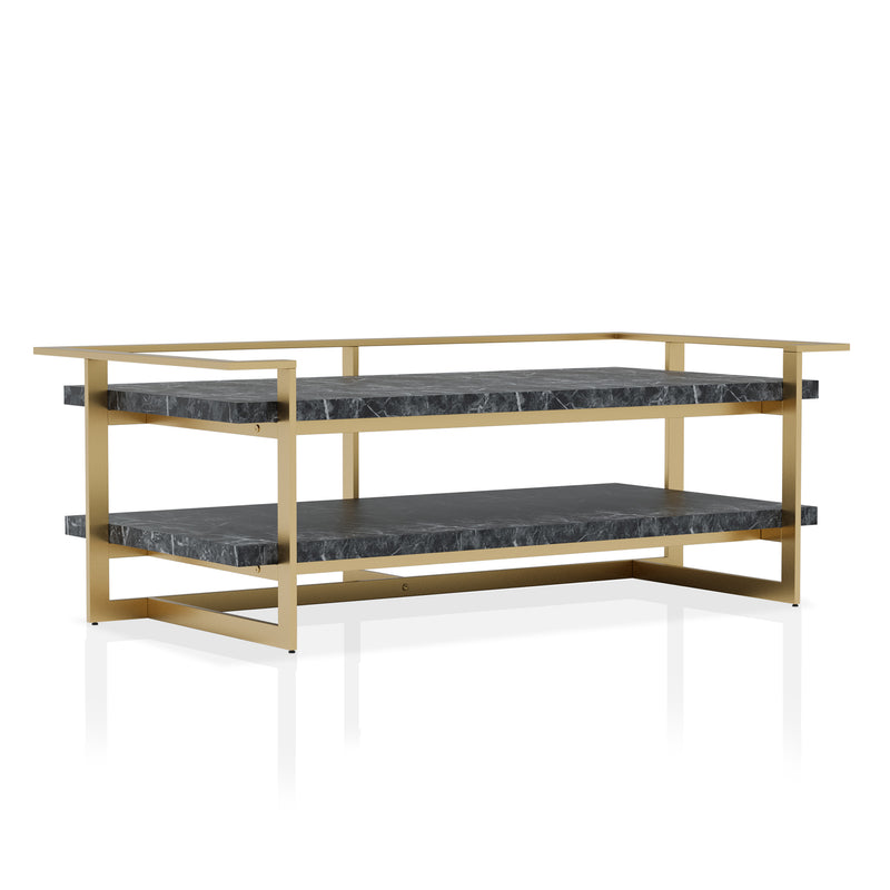 Right angled contemporary gold steel coffee table on a white background. Black faux marble tabletops offer glam look and ample storage space.
