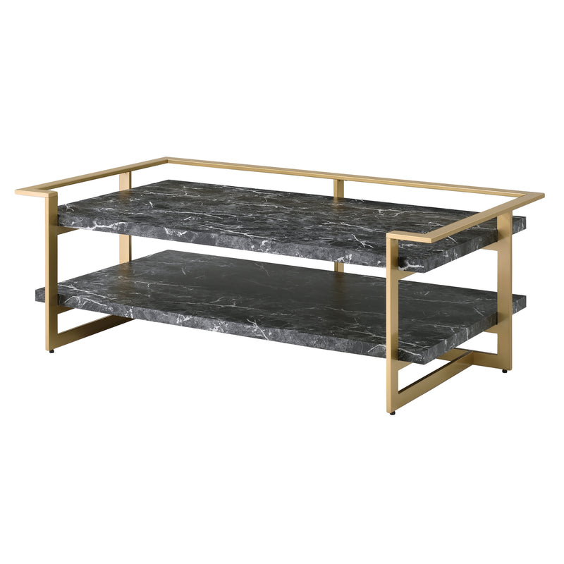 Left angled contemporary gold steel coffee table on a white background. Black faux marble tabletops offer glam look and ample storage space.