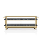 Front-facing contemporary gold steel coffee table on a white background. Black faux marble tabletops offer glam look and ample storage space.