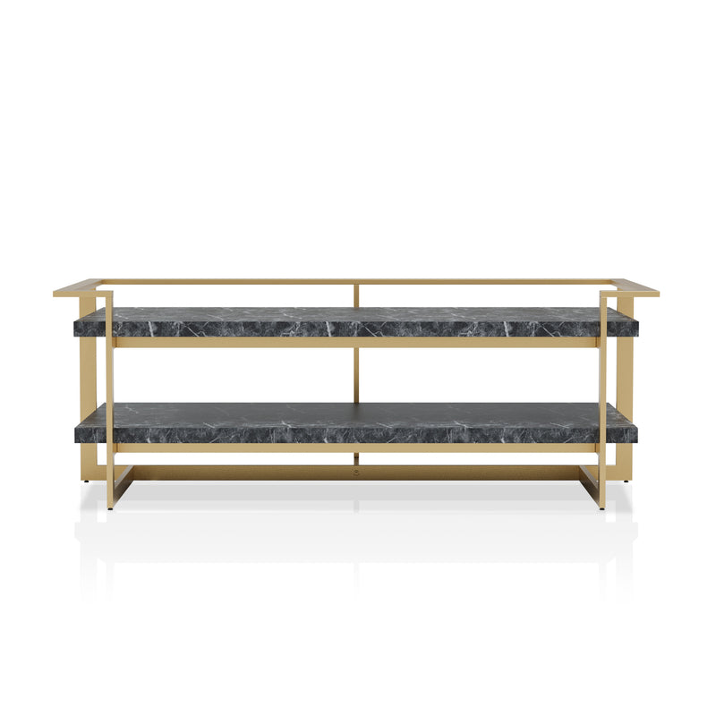 Front-facing contemporary gold steel coffee table on a white background. Black faux marble tabletops offer glam look and ample storage space.