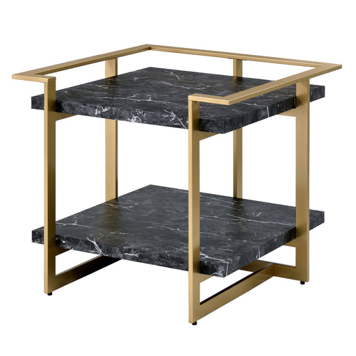 Left angled modern glam gold and faux marble square side table on a white background