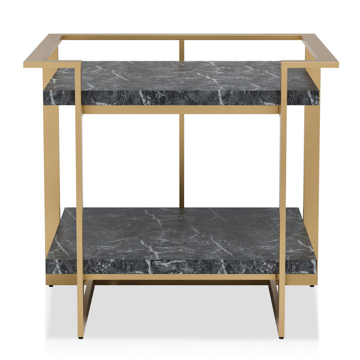 Front-facing modern glam gold and faux marble square side table on a white background