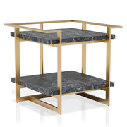 Right angled modern glam gold and faux marble square side table on a white background