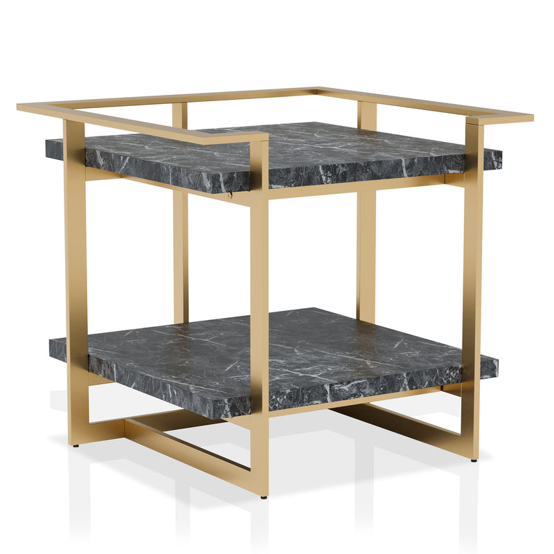 Right angled modern glam gold and faux marble square side table on a white background