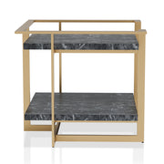 Front-facing side view of a modern glam gold and faux marble square side table on a white background