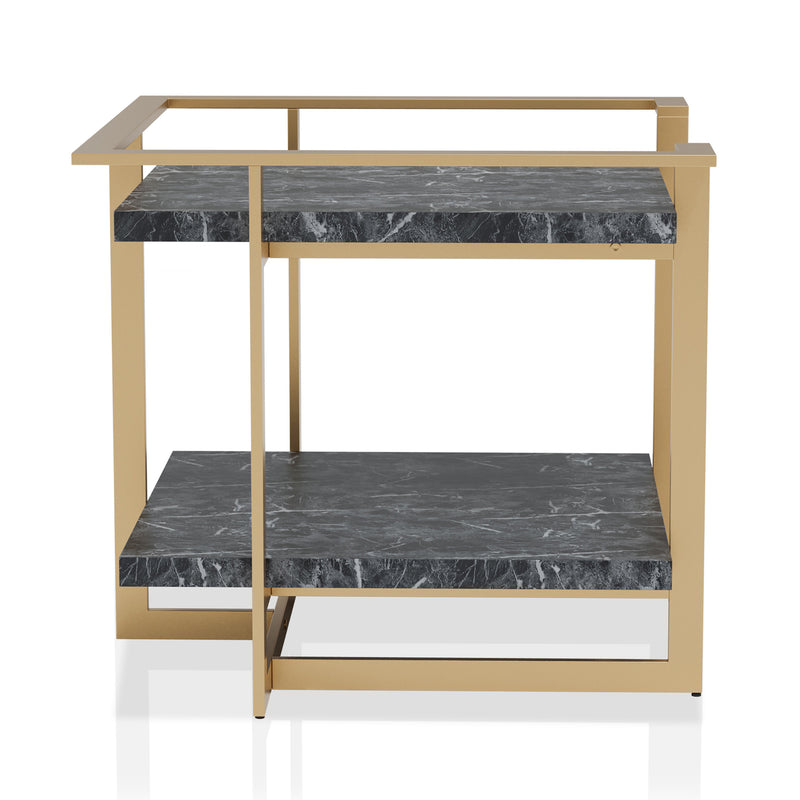 Front-facing side view of a modern glam gold and faux marble square side table on a white background