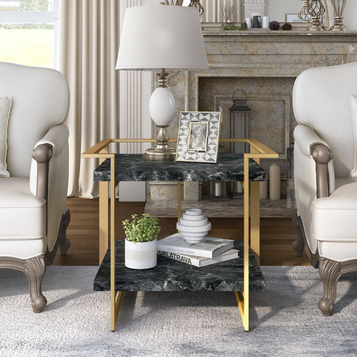 Sunvalley Glam Gold and Black Faux Marble End Table