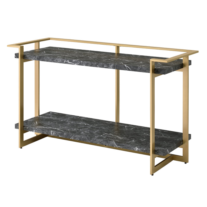 Left angled modern glam gold and faux marble console table on a white background