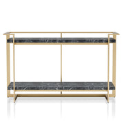 Front-facing modern glam gold and faux marble console table on a white background