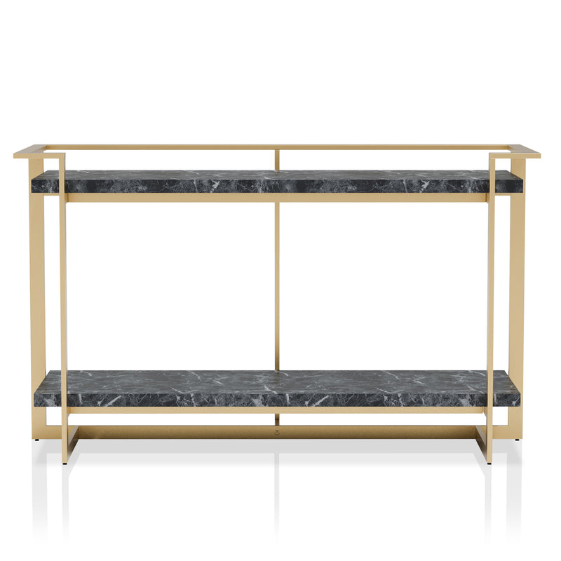 Front-facing modern glam gold and faux marble console table on a white background