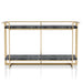 Front-facing modern glam gold and faux marble console table on a white background