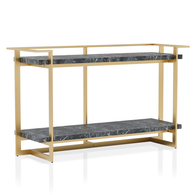 Right angled modern glam gold and faux marble console table on a white background