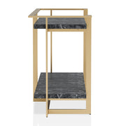 Front-facing side view of a modern glam gold and faux marble console table on a white background