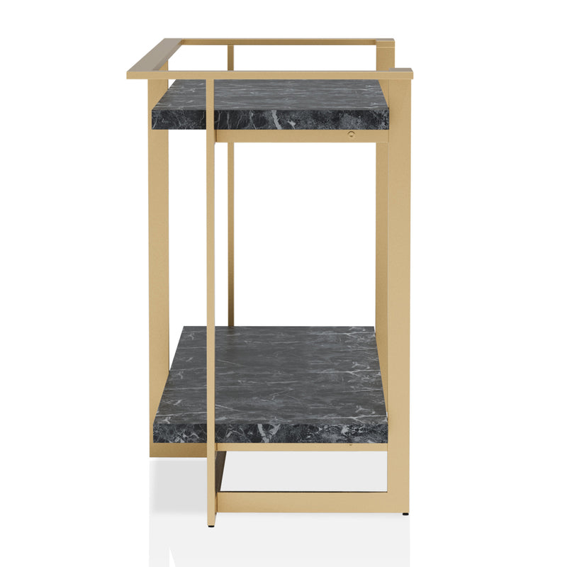 Front-facing side view of a modern glam gold and faux marble console table on a white background