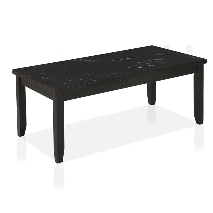 Right angled transitional gray wood coffee table on a white background. Tapered block style legs and a faux marble top offer traditional flair.