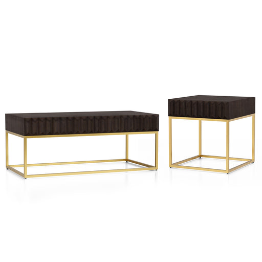 Right angled contemporary walnut gold coffee table and left angled contemporary walnut end table on a white background. Slim gold steel base and geometric texture wood drawer fronts.