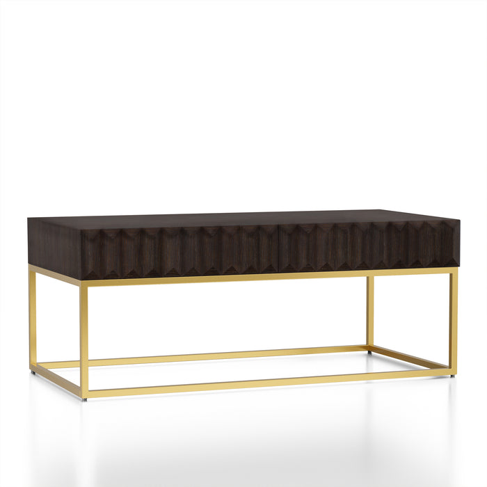 Right angled contemporary walnut gold coffee table on a white background. Slim gold steel base and geometric texture wood drawer fronts offer lovely attention to detail.