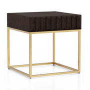 Right angled contemporary walnut gold end table on a white background. Slim gold steel base and geometric texture wood drawer front offers lovely attention to detail.